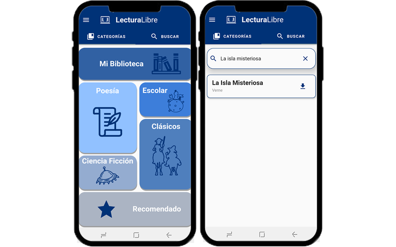 LecturaLibre — category browse and book search screens